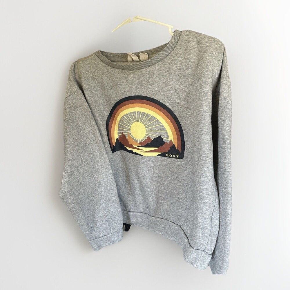 Roxy Sun Mountain Graphic Sweatshirt Gray Crewneck Pullover Boho Hiking Surf M - Picture 2 of 13